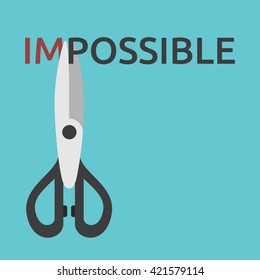 Scissors cutting word impossible. Courage, solution, achievement, challenge, opportunity, motivation and goal concept. EPS 8 vector illustration, no transparency