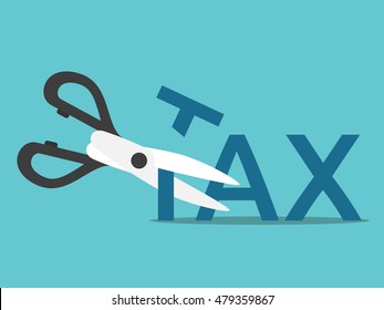 Scissors cutting word tax on blue background. Business, finance and profit concept. Flat design. EPS 8 vector illustration, no transparency