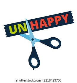 Scissors cutting word UNHAPPY on the sticker letters off to get HAPPY. Flat vector illustration