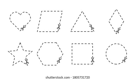 Tijeras con formas geométricas de línea discontinua. Elementos de línea de puntos aislados del vector. Plantilla de cupón. Vector de material. EPS 10