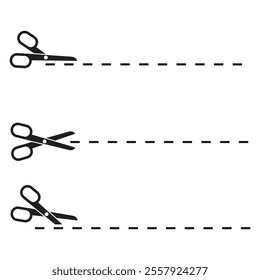 Scissors and dashed lines. Multiple cutting tools. Simple vector illustration. Black and white.