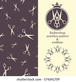 Scissors. Design Elements in Vintage Style for Logotype, Label, Badge and other design. Seamless pattern included.