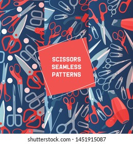 Scissors of different shape and fan set of seamless patterns vector illustration. Hairdressing salon background. Barbershop backdrop advertisement. Equipment for doing haircut or hairstyle.