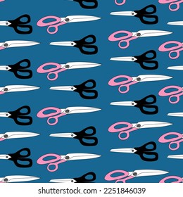 Scissors of different shapes and sizes seamless pattern, Sewing tools on pink background. Vector print.