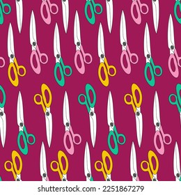 Scissors of different shapes and sizes seamless pattern, Sewing tools on pink background. Vector print.