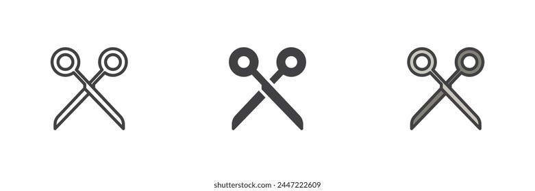 Scissors different style icon set. Line, glyph and filled outline colorful version, outline and filled vector sign. Cut symbol, logo illustration. Vector graphics
