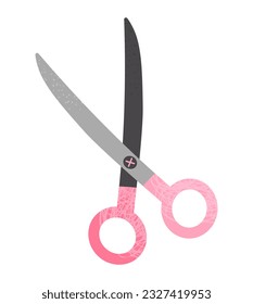 Scissors doodle icon with scribble texture. Cute pink tool, stationery equipment. Vector illustration isolated on transparent background
