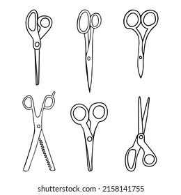 Scissors doodle icons collection in vector. Scissors hand drawn set in vector. Doodle scissors icons collection