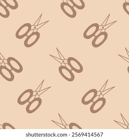 Scissors Doodle Seamless Pattern. Handcraft beige background with falling work tools. Minimal tailor equipment repeat vector illustration