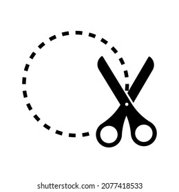 Scissors and dotted circle, black sign for design on a white background, vector illustration