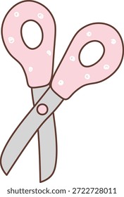 Tijeras con mango punteado cruzado abierto, cara amigable implícita, contorno suave y cuchillas limpias. Símbolo de arte, creatividad, bricolaje, precisión y encanto de suministros escolares. Ilustración vectorial de dibujos animados.