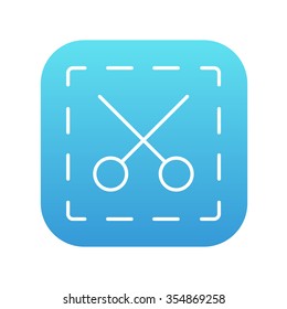 Tijeras con icono de línea de líneas punteadas para web, móvil e infografía. Icono de blanco vector en el cuadrado de gradiente azul con esquinas redondeadas aisladas en fondo blanco.