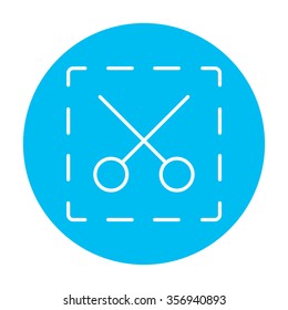 Scissors with dotted lines line icon for web, mobile and infographics. Vector white icon on the light blue circle isolated on white background.
