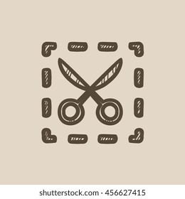 Scissors with dotted lines vector sketch icon isolated on background. Hand drawn Scissors with dotted lines icon. Scissors with dotted lines sketch icon for infographic, website or app.
