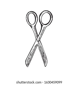 Scissors drawing, hand drawn doodle gravure vintage style, sketch, vector illustration