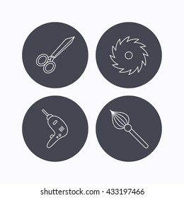Scissors, drill and repair tools icons. Circular saw and brush linear signs. Flat icons in circle buttons on white background. Vector
