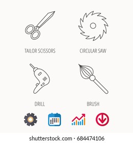 Scissors, drill and repair tools icons. Circular saw and brush linear signs. Calendar, Graph chart and Cogwheel signs. Download colored web icon. Vector