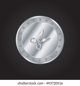 Scissors embossed realistic silver / platinum coin precious Icon / Logo Design