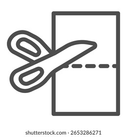 Scissors and fabric cloth line icon, sewing theme concept. Vector graphics. Cutting tool with textile sample, handicraft sign on white background, outline style icon of mobile or web design