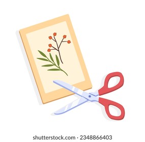 Scissors with fabric concept. Handmade and handicraft, accessories. Mailing and post, correspondence. Poster or banner for website. Cartoon flat vector illustration isolated on white background