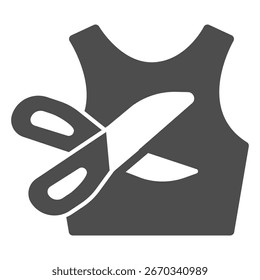 Tesoura e tecido de amostra forma ícone sólido, ferramentas de costura conceito. Gráficos vetoriais. Contorno de camisa com sinal de tesoura no fundo branco, ícone de estilo de glifo para design móvel ou web