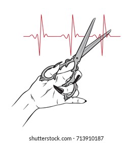 Scissors in female hand cutting pulse line isolated over white background hand drawn vector illustration.