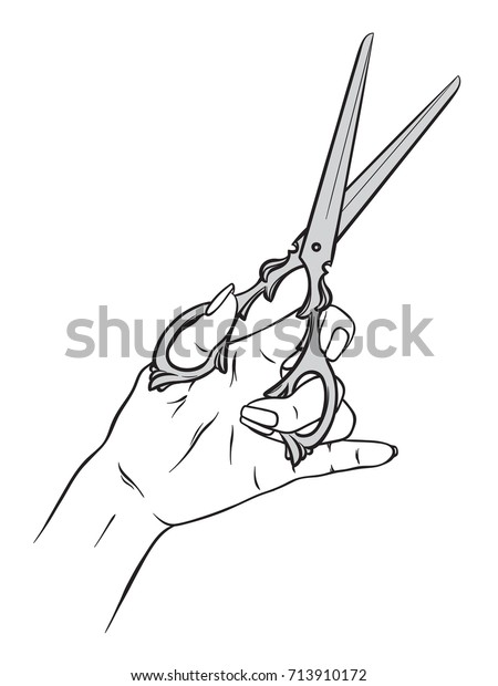 Scissors in female hand isolated over white\
background hand drawn vector\
illustration.