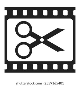 Scissors and film frame. Video edit black simple icon isolated on white background. Vector illustration.