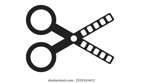 Scissors and film frame. Video edit black simple icon isolated on white background. Vector illustration.