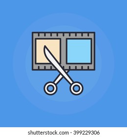 Scissors and film shot icon - vector flat video and cinema symbol or illustration