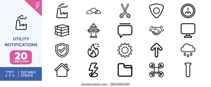 Scissors, fire hydrant, folder, lightning bolt, shield, upward arrow, handshake, thermometer, cloud rain, stack of books, speech bubble, computer, gear, flame, drone, and and warning sign for utility and alert system applications.