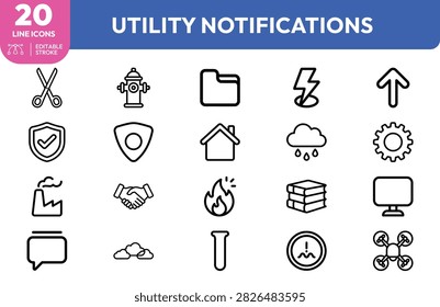 Scissors, fire hydrant, folder, lightning bolt, upward arrow, shield, gear, cloud rain, house, flame, handshake, computer, stack of books, speech bubble, cloud, thermometer, drone, and and warning sign for utility and alert system designs.