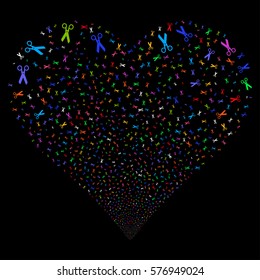 Scissors fireworks with heart shape. Vector illustration style is flat bright multicolored iconic symbols on a black background. Object stream organized from confetti pictograms.