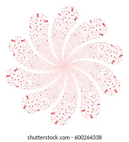 Scissors fireworks swirl flower with ten petals. Vector illustration style is flat red scattered symbols. Object twirl done from random pictographs.