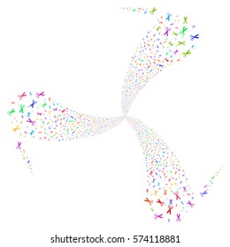 Scissors fireworks swirl rotation. Vector illustration style is flat bright multicolored iconic symbols on a white background. Object spiral made from random pictographs.