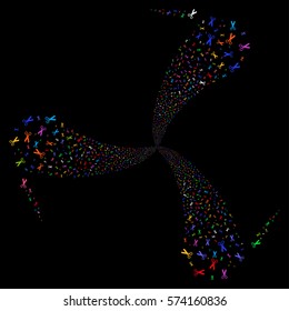 Scissors fireworks swirl rotation. Vector illustration style is flat bright multicolored iconic symbols on a black background. Object whirlpool constructed from random pictograms.