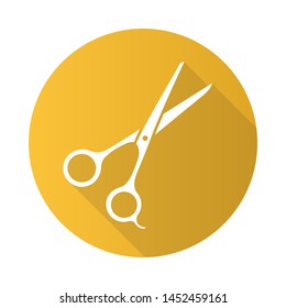 Scissors flat design long shadow glyph icon. Haircutting shears. Cutting instrument with finger brace, tang. Professional hairstyling. Hairstylist accessory. Vector silhouette illustration