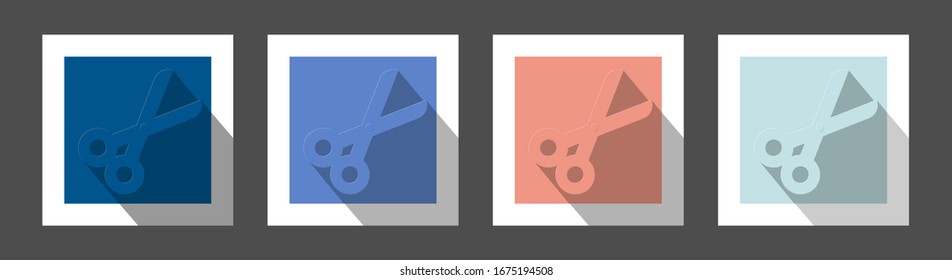 Scissors flat design with long shadow. Scissors for haircuts. Cutting tool, tang. Professional hairstyle. Hairdressing accessory. Vector silhouette illustration. Set of 4 colors