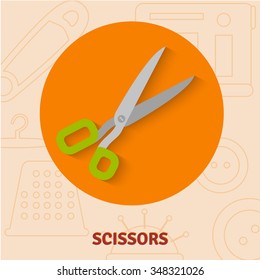 Scissors flat icon on circle with shadow. Vector Illustration. Sewing design creative concept. Fashion atelier tailor studio shop. Tailoring. Hand made.