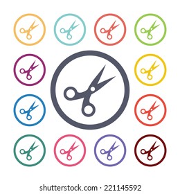 scissors flat icons set. Open round colorful buttons. Vector 