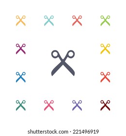 scissors flat icons set. Open round colorful buttons. Vector 