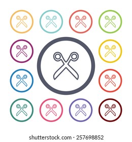 scissors flat icons set. Open colorful buttons 