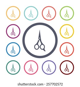 scissors flat icons set. Open colorful buttons 