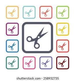 scissors flat icons set. Open round colorful buttons. Vector 