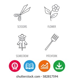 Scissors, flower and pitchfork icons. Scarecrow linear sign. Award medal, growth chart and opened book web icons. Download arrow. Vector