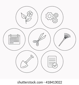 Scissors, flower and shovel icons. Rake linear sign. Check file, calendar and cogwheel icons. Vector