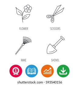 Scissors, flower and shovel icons. Rake linear sign. Award medal, growth chart and opened book web icons. Download arrow. Vector