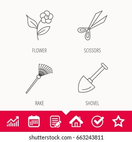 Scissors, flower and shovel icons. Rake linear sign. Edit document, Calendar and Graph chart signs. Star, Check and House web icons. Vector