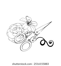 Tijeras con flor. Herramientas de costura de Antiguas. Concepto de creatividad y arte, ya que la flor y las tijeras se utilizan como símbolo para cortar y dar forma. Línea de Vector gráfico, dibujado a mano, negro
