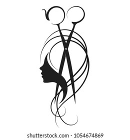 Scissors and girl with curls hair symbol for beauty salon